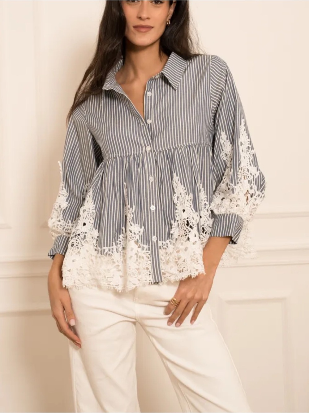 French Striped Lace-Hem Peplum button down Blouse in Blue and White size M